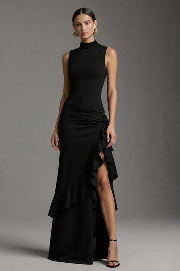 Robe formelle maxi à volants à col haut sirène noire avec fente